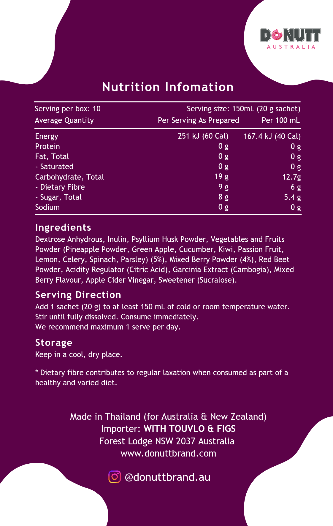 {DONUTT by S.O.S LOO!} Dietary Fibre Powder (Mix Berries) - 10 sachets/box